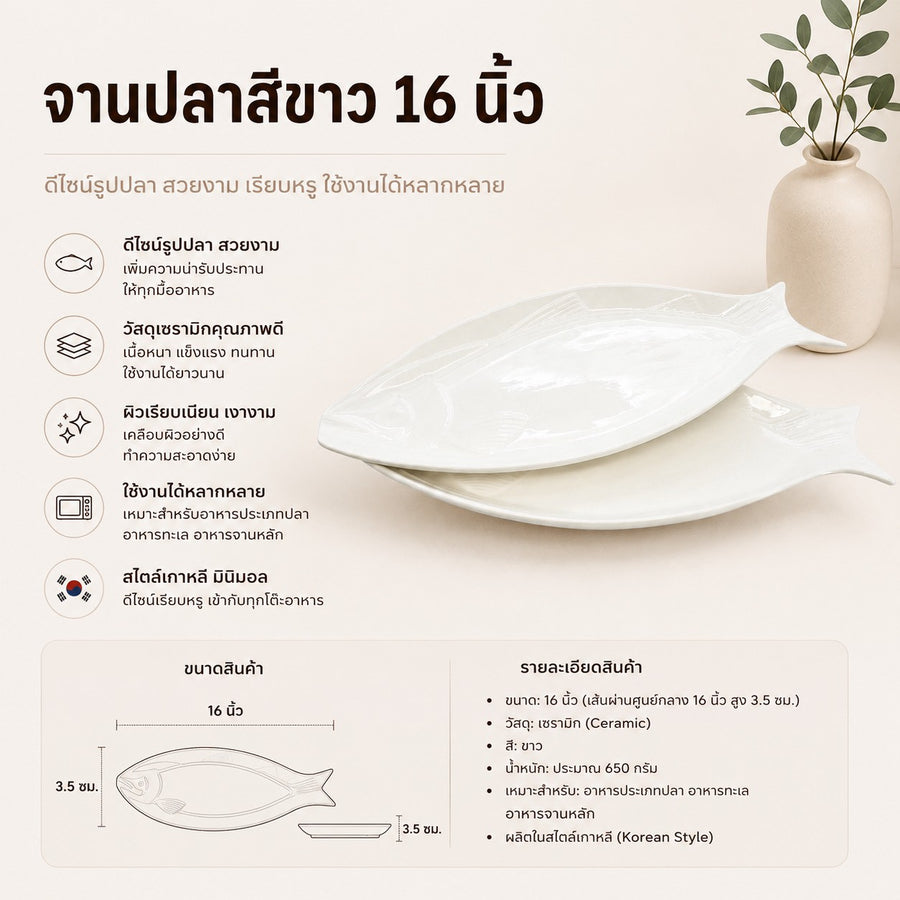 จานปลาสีขาว 16 นิ้ว