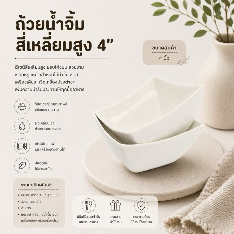 ถ้วยน้ำจิ้มสี่เหลี่ยมสูง 4 นิ้ว